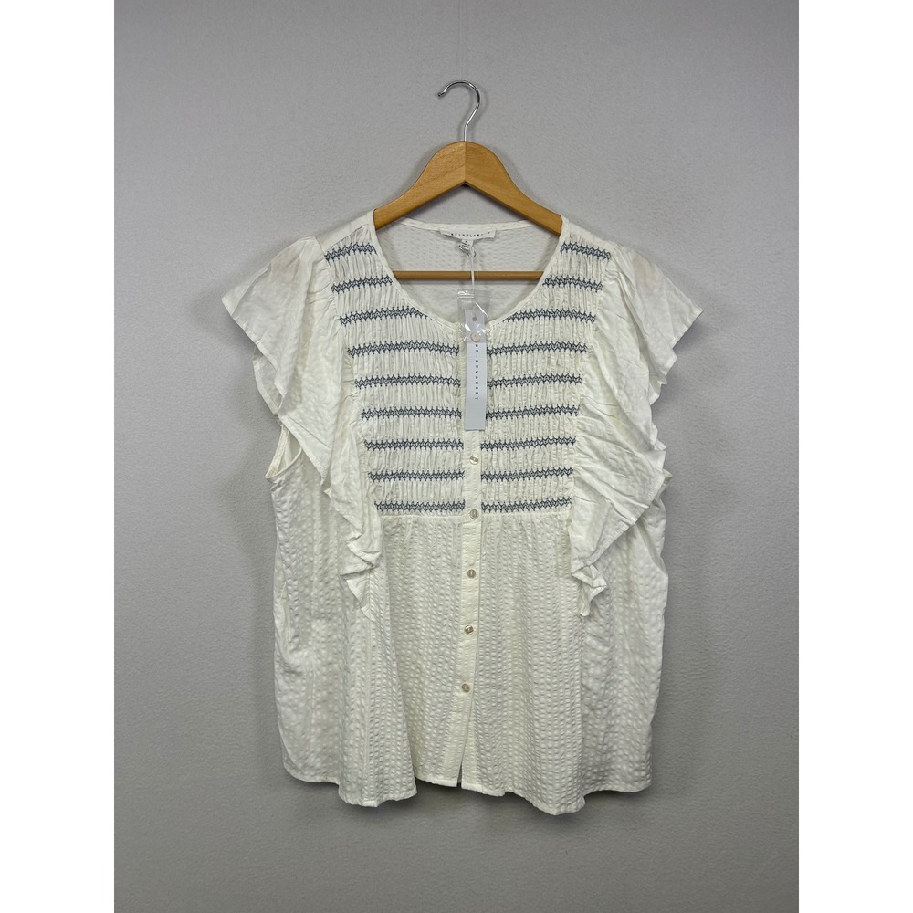 Cottagecore Jane + Delancy NWT Womens Med White Smocked Ruffle Seersucker Blouse